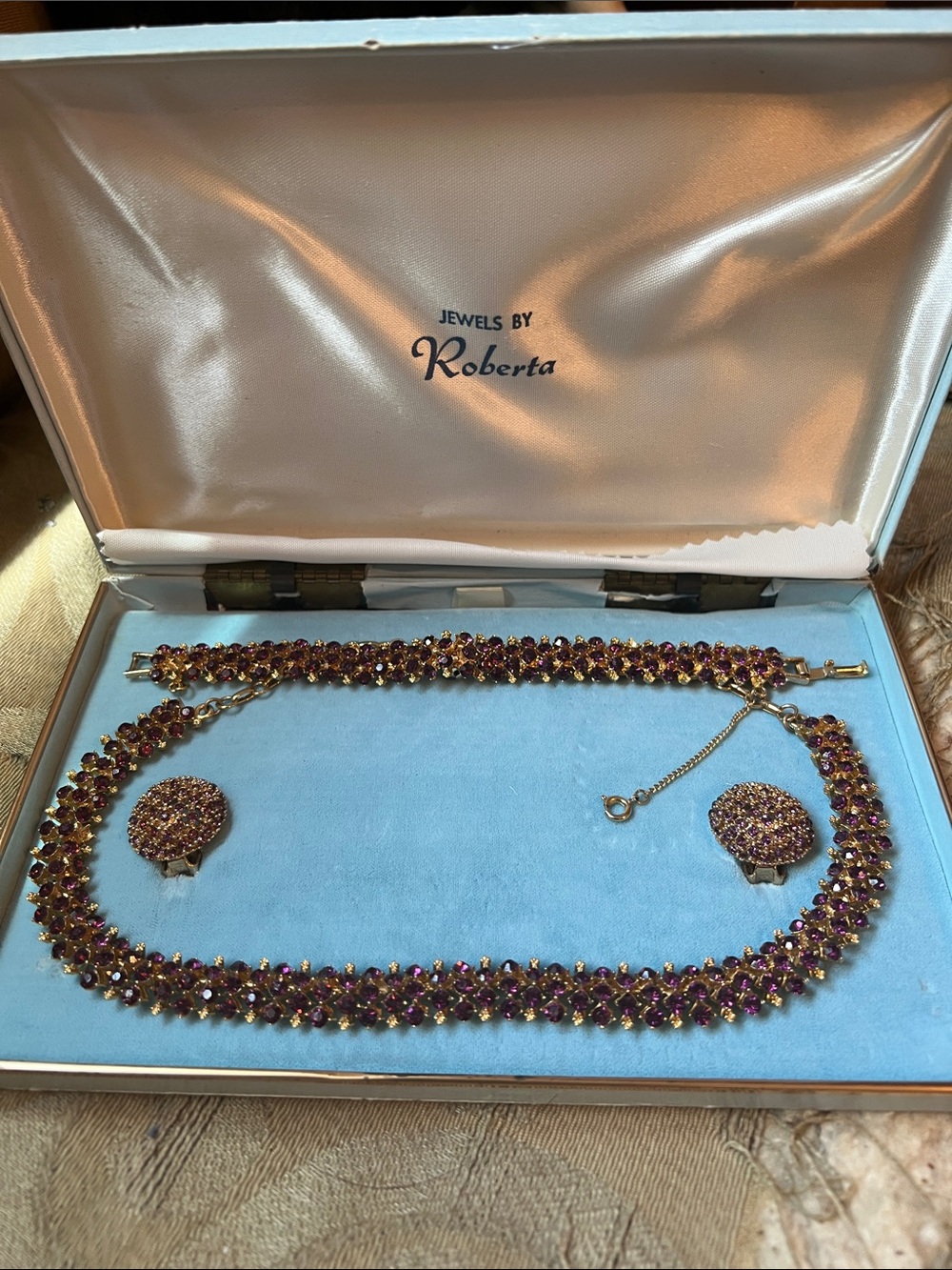 Roberta Bridal Purple Rhinestone Necklace, Bracelet & Clip Earring Set
